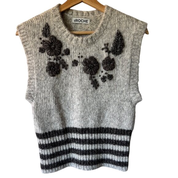 St. Roche Juniper Sweater Vest Heather Gray Size XS Floral Hand Embroidery Soft - Picture 1 of 16